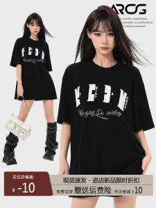 Áo Thun Nữ Tay Ngắn Dáng Rộng Màu Đen Phong Cách Mỹ Cổ Điển Mùa Hè Tay Lửng Dáng Lớn Thương Hiệu Hợp Thời Trang