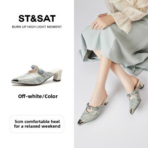 Saturday Chinese Style Fashion Sandals Womens Summer New High Heel Thick Heel Leather Slip-On Casual Glue-Welding Rubber Sole