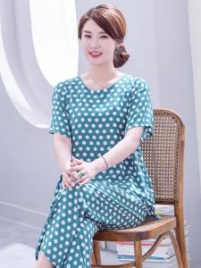 ชุดนอนผ้าไหมอะซิเตทบางแขนสั้นผ้าฝ้ายสำหรับฤดูร้อน ชุดนอนผู้หญิงไซส์ใหญ่ ชุดอยู่บ้าน ชุดแม่ ชุดนอนสบายๆ สำหรับวัยกลางคนและผู้สูงอายุ