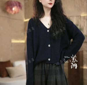 Loose Cotton Knitted V-Neck Long Sleeve Cardigan Womens Spring Autumn Outerwear Comfortable Breathable Casual Style