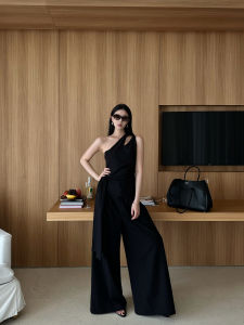 Asymmetrical Shoulder Top and Wide Leg Suit Pants Set