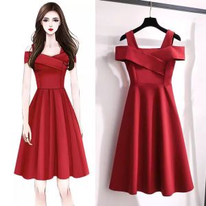 Elegant Black French Style Off-Shoulder A-Line Dress Slimming Flirty Summer Womens Dress Hepburn Style High Waist Polyester Fiber