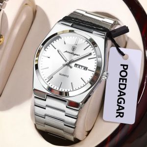 POEDAGAR Luxury Business Mens Wristwatch Stainless Steel Waterproof Luminous Man Watch Date Week Fashion Quartz Watches For Men