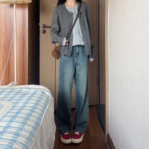 สีน้ําเงินสูง เอว ขากว้าง กางเกงยีนส์ ผู้หญิง อเมริกันเรโทรตรง กางเกงขายาว ฤดูใบไม้ผลิ ฤดูใบไม้ร่วง สีสัน พรางหุ่น เอฟเฟกต์ ลำลอง กางเกงขายาว