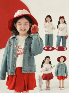 YOEHYAUL | Bộ Áo Thêu Thỏ Mùa Xuân Cổ Đơn Jacket Denim