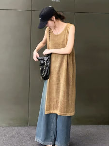 เสื้อคลุมยาวปานกลางสไตล์วินเทจสำหรับผู้หญิงในช่วงฤดูร้อนปี 2024 เสื้อคลุมเปิดหลังแบบหลวมๆ แขนกุดคอตั้ง