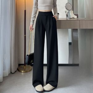 YAMIANNV | Tall Womens Drapey Suit Pants Straight Leg Wide Leg Black Slim Fit Fashionable High Waist Long Leggings Street Style Autumn 2024