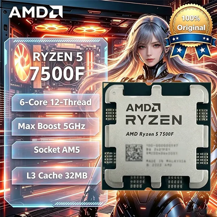AMD | AMD Ryzen 5 7500F 3.7GHz 6-Core 12-Thread L3=32M Processor 65W R5 7500F Socket AM5 5NM DDR5 New but without cooler