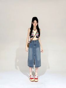 10อัน กระโปรงยีนส์ กระโปรงผู้หญิง  ทรงเอ เอวสูง สไตล์เกาหลี  เอวเล็กใส่ได้ ผ้าไม่ยืด ผ่าหน้า gb99