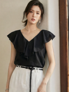 Roey s house | Unique V-Neck Flounce Sleeveless Versatile Black Summer Blouse Women