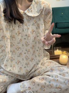 Bộ Đồ Ngủ Dài Tay Rộng Rãi Dễ Thương Cho Nữ Bộ Đồ Mặc Nhà Hai Mảnh Phong Cách Ngọt Ngào Mùa Thu Thường Ngày Vải Cotton