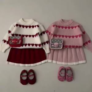 Girls Sweater Set 2024 Autumn/Winter New Korean Edition Western Love Girls Knitted Top+Pleated Skirt Knitted Two Piece Set