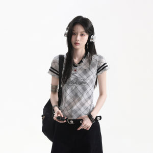 zuocisankon | Áo Thun Sọc Vintage Cổ V Ôm Body Tay Ngắn