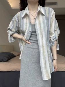 Summer New Womens Sun Protection Shirt Striped Design Plus Size Slimming Loose Fit Quality Outerwear Long Sleeves Polo Collar