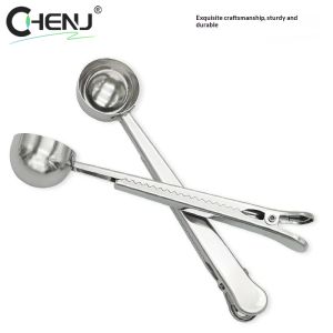 J 2-in-1 Stainless Steel Coffee Measuring Coffee Scoop Multifunctional Food Sealing Clip Tea Milk Powder Scoop Coffee accessory