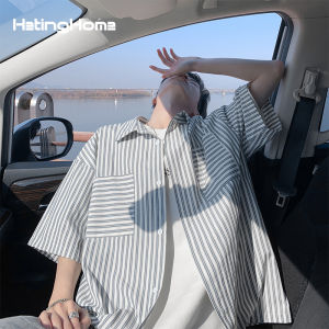 HetingHOME | Áo sơ mi nam tay ngắn mùa hè Hetinghome họa tiết sọc xanh rộng rãi phong cách Mỹ thời trang áo chui đầu cổ bẻ