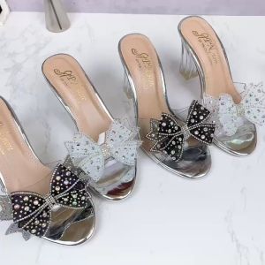 Guốc cao gót vuông trong 7p - 9p quai bản trong kết nơ lưới đính đá kèm ảnh thật - G22