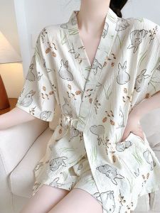 Summer New Style Little Gray Rabbit Japanese Style Kimono Lace-up Pajamas for Women Cute Sweet Short-sleeved Shorts Home Clothes Suit