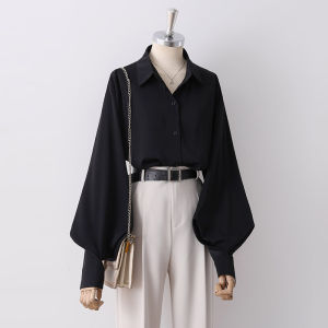 เสื้อเชิ้ตผ้าชีฟองสีดำแขนโคมไฟสำหรับผู้หญิง ฤดูใบไม้ผลิและฤดูใบไม้ร่วง ดีไซน์ใหม่ เสื้อแขนพองสไตล์เกาหลี แขนยาว ปกโปโล เสื้อผ้าทำงาน