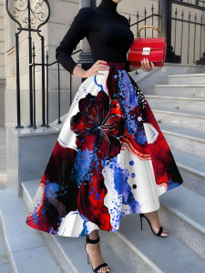 Printed Design Four Seasons Leisure Style Abstract Flower Splashing Pattern Half Skirt
