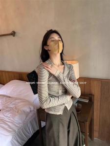 Korean Style Striped Knitted Open Cardigan Womens Early Autumn V-Neck Slim Fit Short Fold Design Thin Outerwear