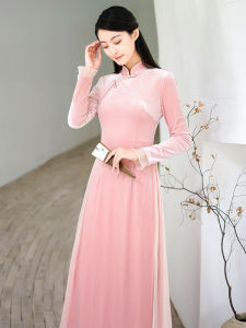 Original Autumn Winter Womens Velvet Silk Cheongsam Dress Slim Fit Chinese Style Long Qipao Gown Retro Fashion Daily Wear