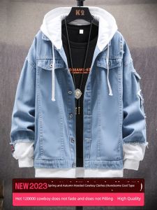 Hooded Denim Jacket Mens Spring Autumn Loose Trendy Workwear New 2025 Casual Jacket Handsome Youth Cotton Polyester Blend