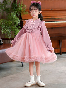Girls Winter Fleece Lined Thickened Princess Style Poodle Skirt Childrens Traditional Chinese Cheongsam Dress Autumn Winter New Arrival