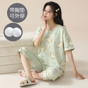 Padded Pajamas Womens Summer Cotton Short Sleeve Cropped Pants Loose Outfit Summer Womens plus Size Homewear Outwear