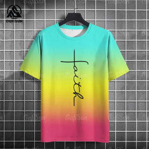Fashion Mens T-Shirt Gradient Cross Graphic Clothing Short Sleeve Tops Mens Loose T-Shirt