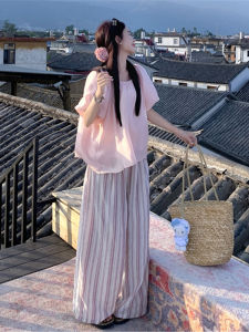 QIAONIAOGE | Pink Striped Summer Thin Ice Silk Wide Leg Pants High Waist Long Trousers Casual Loose Fit High Waist Rectangle Apple Pear Body Type