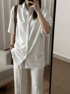 White Ice Silk Short Sleeve Mens Shirt Summer 2025 Casual Lazy Style Sun Protection Top Outerwear Standard Fit Youth Trend