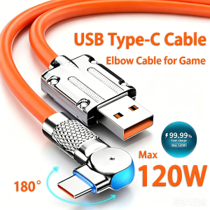 120W 6A Super Fast Charge Data Cable Type C Silicone 180° Rotation Elbow Cable 1m 1.5m 2m Phone Charger Cable for iPhone Xiaomi