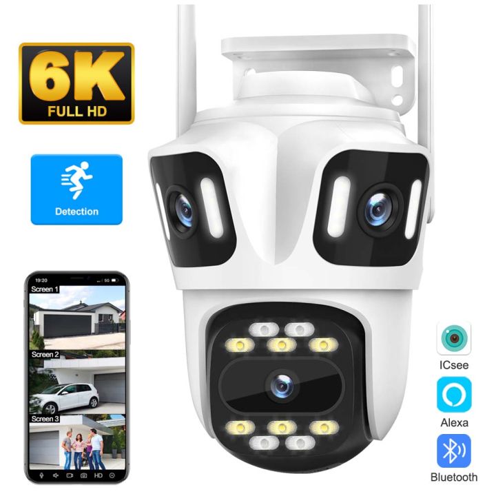 WiFi IP Camera 6K 12MP Outdoor Three Lens PTZ Security Camera Auto