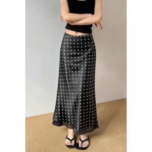 MANMI | Chân Váy Dài Họa Tiết Chấm Bi Đen Elegent Cao Waist Ôm Dáng Che Mông