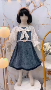 Dress Pita Jemi Lengan Panjang Jeans Brokat Free Belt Anak Perempuan Masakini Usia 3-10 Tahun Bahan Jeans Mix Brokat Korean Style / Dress Anak Perempuan Muslimah Kekinian