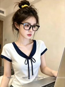 Korean Style Bow-tied Color-block V-neck Short-sleeve T-shirt