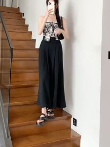 Celana kasual pinggang elastis warna solid baru gaya Korea untuk celana longgar wanita