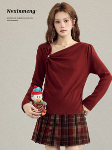Red Christmas Knitted Base Shirt Irregular Long Sleeve Womens Fashion Casual Style Slim Fit Design Autumn Winter Top