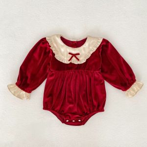 Giáng Sinh Cho Bé Gái Áo Liền Quần Màu Đỏ Có Nơ Cổ Jumpsuit Xmas Bodysuits Cho Trẻ Em 1-3Y Mặc Hàng Ngày Polyester Bộ Trang Phục