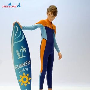 (แถมหมวก)ชุดว่ายน้ำเด็กชายของเด็กโต เก็บอุณหภูมิ 2.5MM เด็กโต B.Aส้ม-น้ำเงิน ยาว