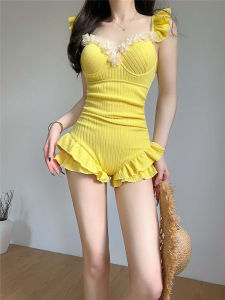 Sweet Style Blue One Piece Swimsuit Womens Slim Fit Beach Vacation Fashion Ruffle Hem Bicolor Backless Bodycon Swimsuit