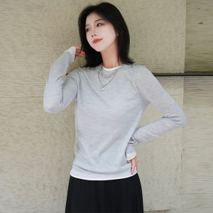 Womens Wool Knitted Long Sleeve Sweater Spring Autumn New Style Patchwork Base Layer Top Commute Korean Style Regular Fit