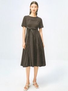 Pure Cotton Patchwork Dress Brand Womens Discount Summer 2025 Belted Casual Short Sleeve Daily Wear for Ladies
