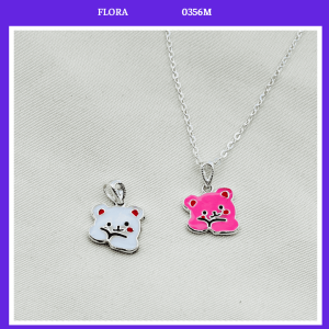 FLORA 0356M - [Có bán lẻ] Dây chuyền bạc ta hình gấu màu hồng trắng dành cho bé gái