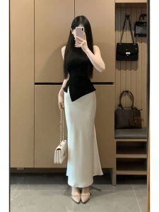 XUECAIQI | Trendy Plus Size French Style Suit Irregular Tank Top High Waist Slim Fit Midi Skirt
