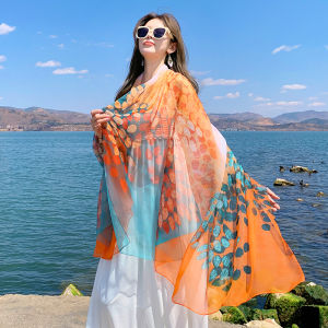 XUANXUAN | Lightweight Silk Scarf Womens 2024 New Style Beach Towel Large Pashmina Multi-Functional Polyester Fiber Geometric Pattern Korean Style