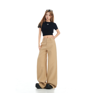 Khaki American Wide Leg Pants Womens High Waist Loose Casual Straight Cut Trousers PVJ Brand Retro Style Polyester Fiber