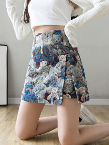 Autumn Winter High Waist A-Line Mini Skirt Womens Design Sense Small Bear Print Slimming Short Skirts Casual Non-fading