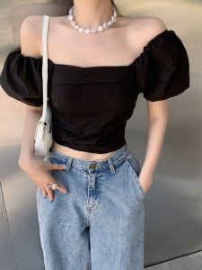 Nicole Rose French Chic Off-Shoulder Bubble Sleeve Shirt for Women Short Length Slim Fit Cotton Material ความยาวแขนปกติ